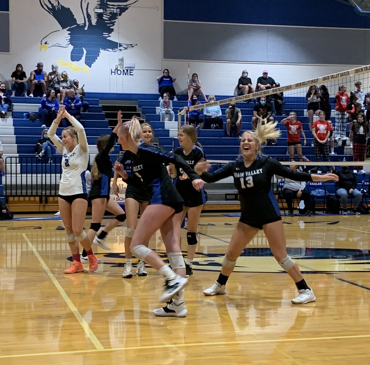 Thank you to the students and parents who come to every home game to cheer on these fabulous ladies!  12-0 regular season and 19-3 total.  4 games left!  <a href="/GVHSvolleyball/">GV Volleyball</a> <a href="/GVHSActivities/">GVHS Activities</a> <a href="/GVHSEagles/">Grain Valley High</a> <a href="/VALLEYSUPERFANS/">GRAIN VALLEY SUPERFANS</a>