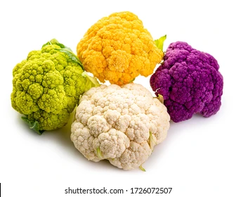 Although we typically only see white cauliflower, it actually has purple, orange, and green varieties. Orange and purple cauliflowers have higher antioxidants!