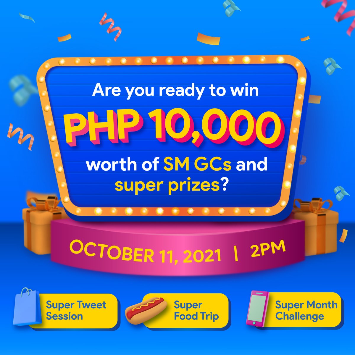 Hey, SM Shoppers! We are celebrating #SMSuperMonth with a Super Twitter Takeover! 🤩 Stay tuned on October 11 at 2PM for an aweSM tweet session, food trip, and a chance to win PHP 10,000 worth of SM GCs and super prizes #OnlyAtSM! 😉 RT this to spread the word. ❤