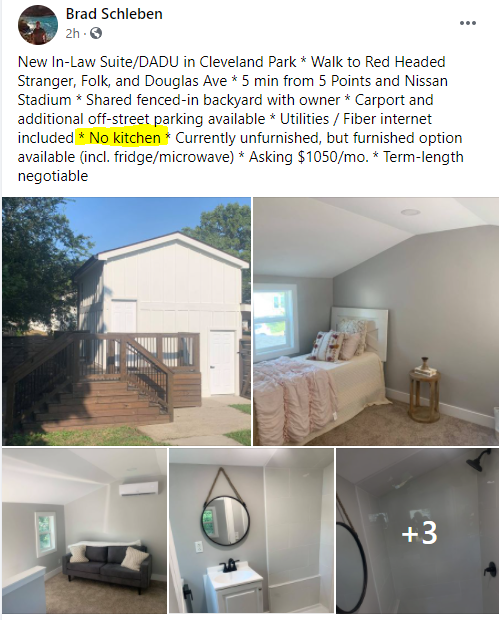 scoopnash's tweet photo. Hey @SeanForFive, Isn't this is one of yours? #MetroCouncil just out here allowing DADUs for rent to the public as homes with no kitchens? Is that how this works? Seems to be against @MetroCodes, yea? #NoFoodPrep #NoKitchenSink https://t.co/UG22nAzPfA