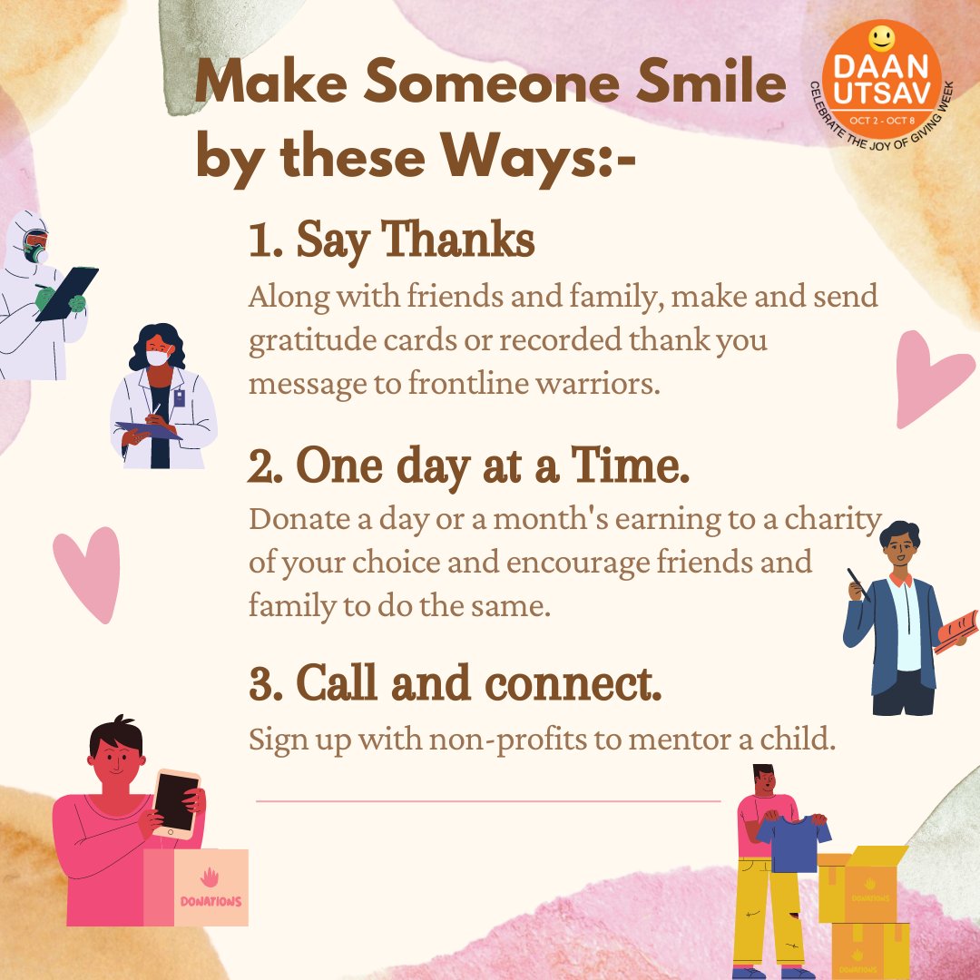 It's the last day of #DaanUtsav 
Here are some ideas you can do today. 
We have complied in the Smile Deck if you are looking for easy giving ideas. Follow this link to explore, daanutsav.org/the-smile-deck/
#daanutsav #giving #joyofgiving