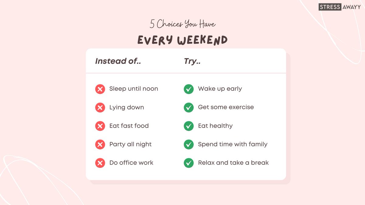 StressAwayy's tweet photo. 4 Choices You Have Every Weekend.

We live for weekends. A magnificent relief from the daily grind.

#stress #stressawayy #anxiety #weekend #goals #sleep #wakeup #exercise #healthy #eathealthy #family #relax #break #music #relaxation #friends #love #smile #work #wfh #life https://t.co/wgCQyabBKW
