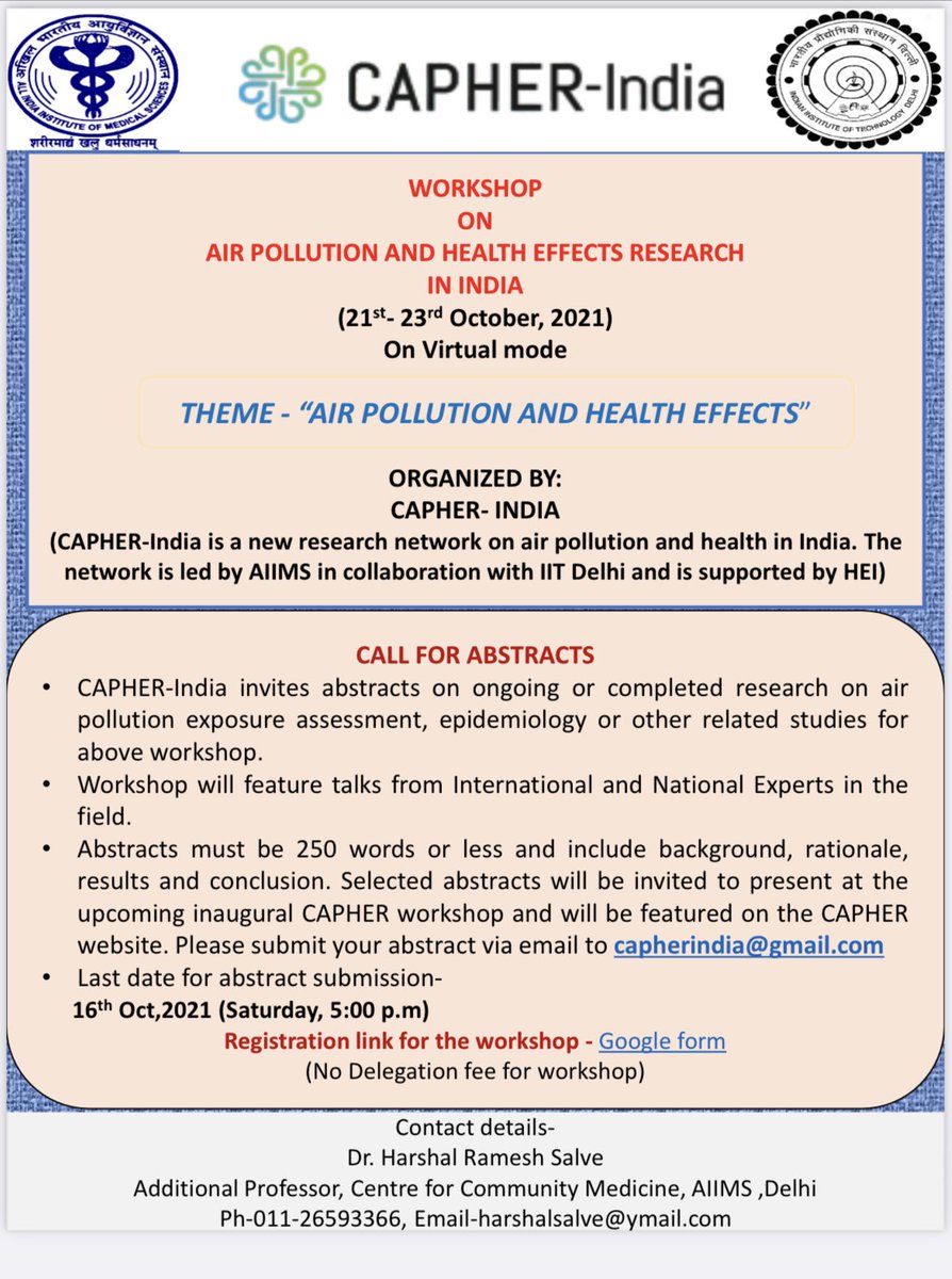 📣Workshop announcement. #Airpollution and health effects. And curtain raiser of #CAPHER-India ( Joint collaboration of <a href="/aiims_newdelhi/">AIIMS, New Delhi 🇮🇳</a> and <a href="/iitdelhi/">IIT Delhi</a> ) Opportunity for #YoungScientists to showcase the work in front of experts. <a href="/somagnik/">Sagnik Dey</a> <a href="/pallavipnt/">Pallavi Pant (she/her)</a> #epitwitter. Details to follow.