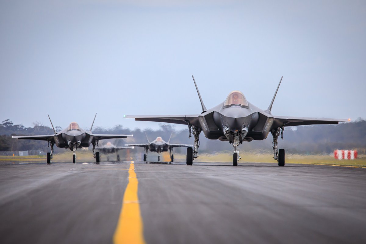 AusAirForce's tweet photo. The forecast for #FighterFriday: a storm of our F-35A Lightnings.  ⛈️⛈️⛈️

These ones from 3SQN are here returning to RAAF Base Williamtown, after training with our mates in the States at Ex Red Flag in Alaska earlier this year. 🇺🇸🇦🇺

📸 CPL Melina Young

#AusAirForce #AirCombat https://t.co/fBl4sYB3cv
