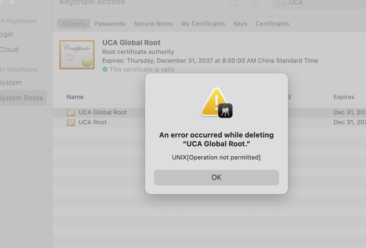 Acardia2020's tweet photo. #macOS #隱私
MacOS默認信任了UCA根證書，並且無法禁用或者刪除。

UCA Root和UCA Global Root（上海數字證書認證中心）已經通過WebTrust認證。 https://t.co/TjXguqH5SH