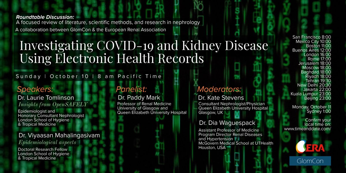 Sunday's Roundtable w @ERAEDTA

Investigating COVID-19 and Kidney Disease Using Electronic Health Records
Dr. Laurie Tomlinson
Dr. Viyaasan Mahalingasivam 
Dr. Paddy Mark 

Join glomcon.zoom.us
Mtng ID: 937 9592 6539
Passcode 202122

sign up
glomcon.org/glomerular-dis…