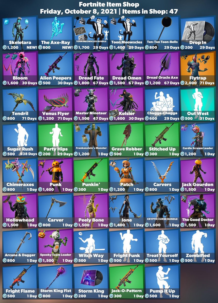 FortLeaksNews's tweet photo. Fortnite Item Shop🛒 (October 8th 2021) 

Use Code: FLNEWS 

#Fortnite #FortniteChapter2 #FortniteSeason7 #FortniteLeaks #fortniteitemshop #fyp #FortniteInvasion #FortniteNews #Fortniteshop #EpicGames #EpicPartner #FortniteBR #itemshop #shop #BattleRoyale #Fortniteleak #leaks https://t.co/aQMdFdhiyU