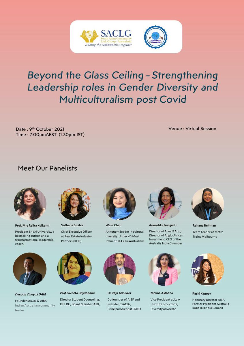 A Brilliant International Webinar on #LeadershipRoles in #GenderDiversity & #Multiculturalism on 9th Oct 2021, Sat, Melbourne Time 7.00 PM, India Time 1.30 PM. @p_sucheta @RajitaBagga @sadhanasmiles @wesachau @AnoushkatheGun @rashikapoorr. Thank you @MrDeepakVinayak & Team.