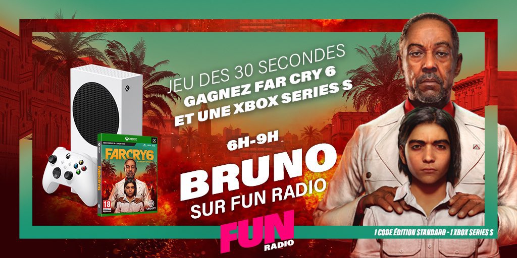 🎮😍 Jouez avec nous et gagnez votre XBOX SERIES S ➕ Votre jeu FAR CRY 6 ! 
🍀 Pour vous inscrire 👉 RT ce post avec le #BrunoFunRadio ! 
#FarCry6  #XboxSeriesS