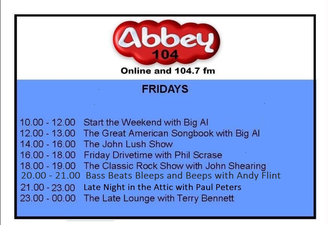 It’s a jam packed day of Shows today here on Abbey104. Why not get ready for the weekend by tuning into your favourite community radio station. Join our fabulous Friday team of volunteer presenters, broadcasting locally &amp; online every day of the year.
abbey104.com 👈