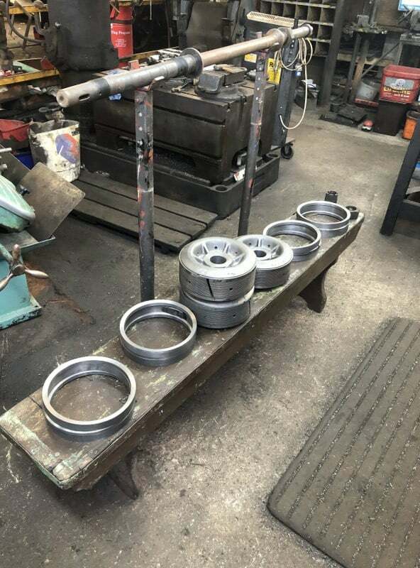 The new piston valves nearing completion. Here you can see the original valve spindle on the stands and on the bench are new valve head along with new rings