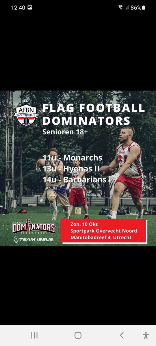 UtrDominators's tweet photo. Komende zondag, 10 oktober, hosten wij in #Utrecht van 10-16u de tweede AFBN flag football competitiedag.  

Met 6 velden, 27 teams en 31 wedstrijden een heerlijke dag vol sport voor zowel de jeugd als senioren. 

#TowerAbove #AFBN #Overvecht #UtrechtDominators #flagfootball https://t.co/l6EVXNIYYN