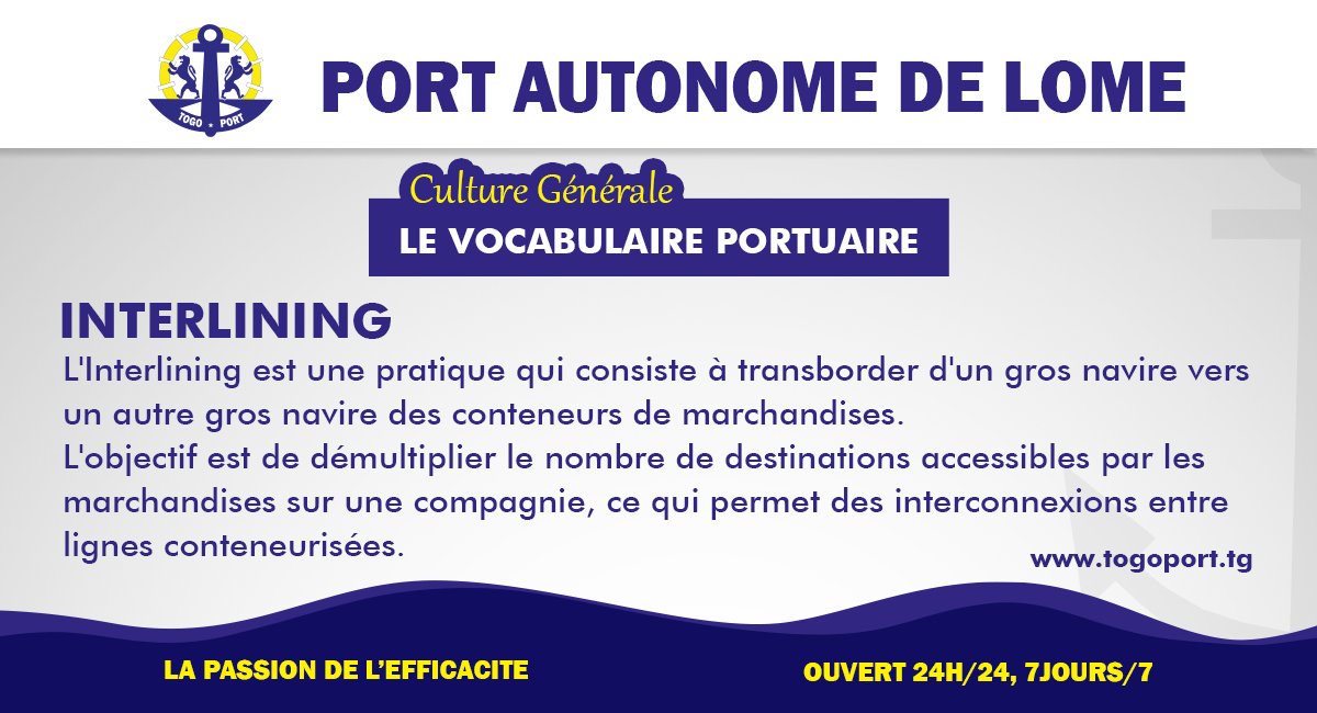 portdelome's tweet image. CULTURE GÉNÉRALE

Que signifie « INTERLINING » dans le vocabulaire portuaire ?
#interlining #internationalshipping #transportmaritime #port #logistics #news #portoflome #portoftogo #Togo
#shipping 
@MaritimeTg @GouvTg @TogoOfficiel @bollore_togo
