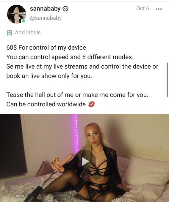 Du kan f&aring; tillg&aring;ng att styra min dildomaskin ocks&aring; 🥰 min Of finns det riktigt bra grejer p&aring;! F&ouml;lj nu<a href="/tag/porn"class="tags"><span>#porn</span></a><a href="/tag/naked"class="tags"><span>#naked</span></a><a href="/tag/artnude"class="tags"><span>#artnude</span></a><a href="/tag/nudeart"class="tags"><span>#nudeart</span></a><a href="/tag/onlyfans"class="tags"><span>#onlyfans</span></a>