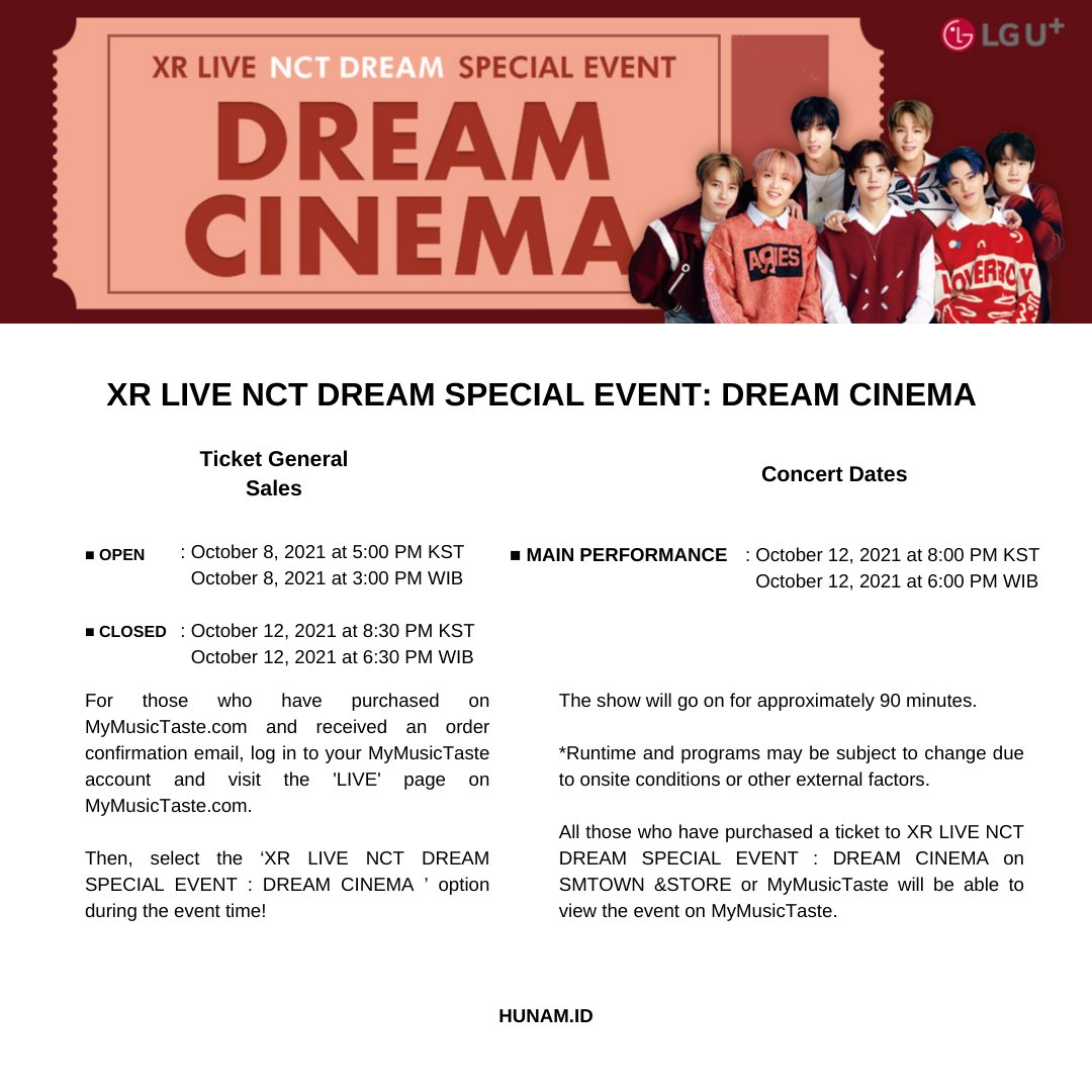 IdHunam's tweet photo. XR LIVE NCT DREAM SPECIAL EVENT: DREAM CINEMA 

Concert Dates :
October 12, 2021 at 8:00 PM KST
October 12, 2021 at 6:00 PM WIB

Order via DM Instgram atau twitter 

#LGU+ #ONLINECONCERT #NCTDREAM #DREAMCINEMA #XRLIVE #CONCERT #INDONESIA #NCTZEN #hunamid https://t.co/mw9w4BBBTB