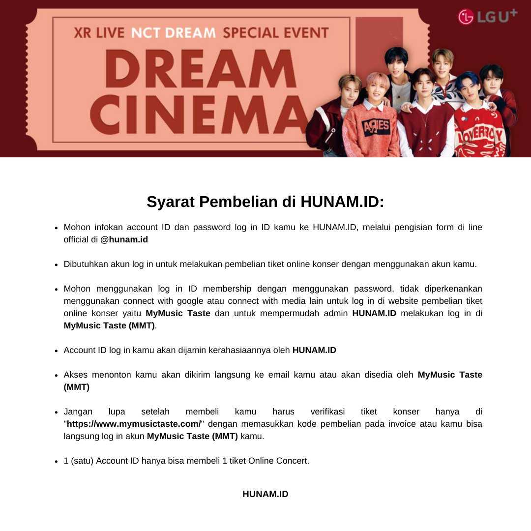 IdHunam's tweet photo. XR LIVE NCT DREAM SPECIAL EVENT: DREAM CINEMA 

Concert Dates :
October 12, 2021 at 8:00 PM KST
October 12, 2021 at 6:00 PM WIB

Order via DM Instgram atau twitter 

#LGU+ #ONLINECONCERT #NCTDREAM #DREAMCINEMA #XRLIVE #CONCERT #INDONESIA #NCTZEN #hunamid https://t.co/mw9w4BBBTB