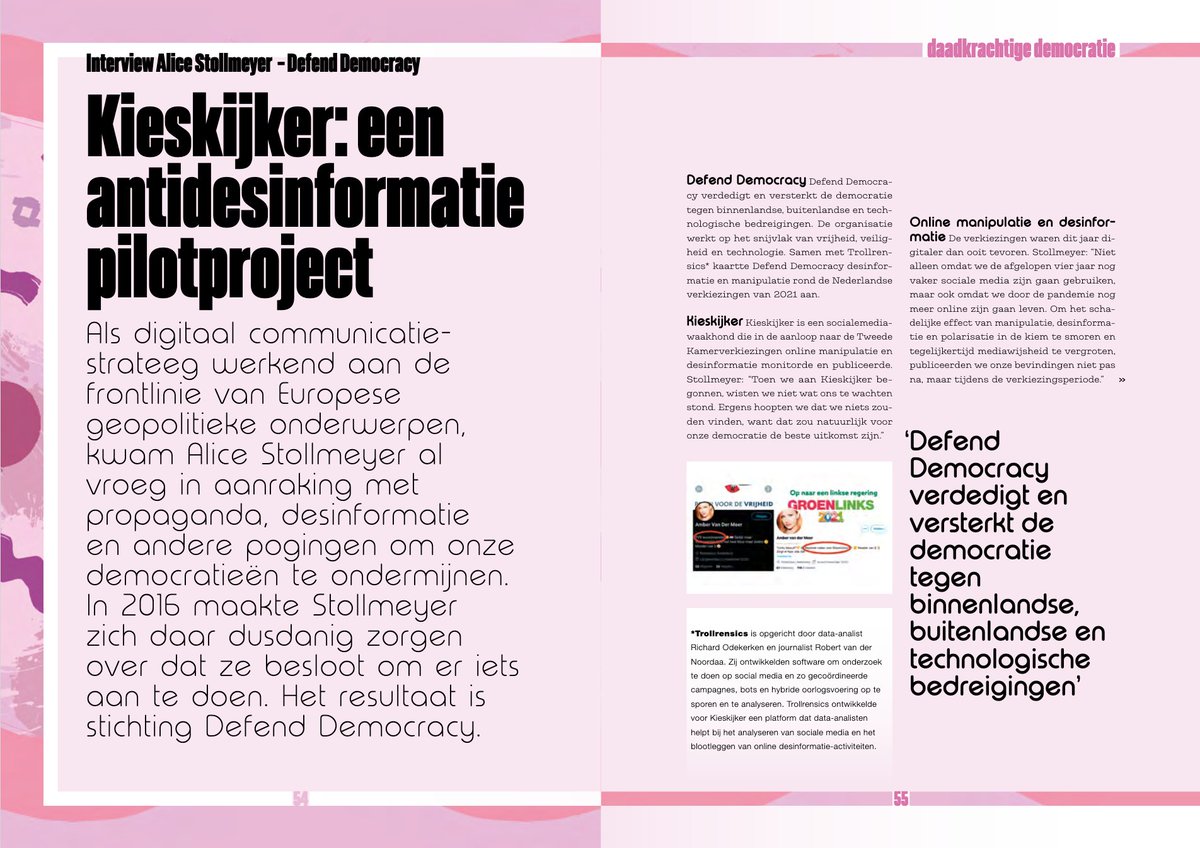 Wauw: <a href="/Kieskijker/">Kieskijker</a> in t zonnetje gezet in prachtig vormgegeven jaarverslag* van @SDM_online!

Lees op pagina 54-58 interview met <a href="/DefendDemocracy/">Defend Democracy</a>.

Uiteraard wordt ook partner <a href="/Trollrensics/">trollrensics</a> genoemd.

* <a href="/Kieskijker/">Kieskijker</a> kreeg steun van @SDM_online &amp; <a href="/SIDNfonds/">SIDN fonds</a>.

stdem.org/2021/09/22/het…