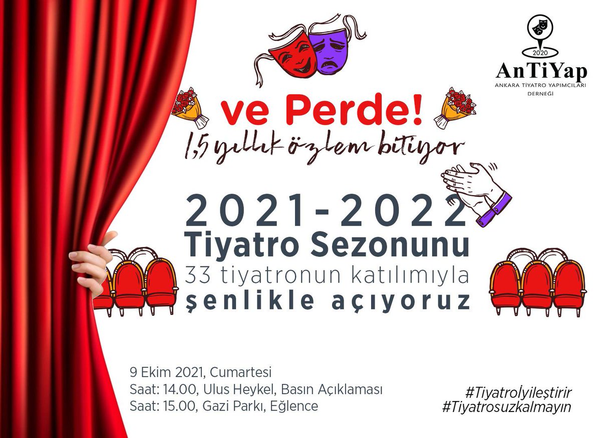 Ankaraaa ...Ve Perde diyoruz 
Sizi de şenliğimize bekliyoruz🎭
<a href="/Antiyap06/">Ankara Tiyatro Yapımcıları Derneği (AnTiYap)</a> <a href="/delisanat/">Deli Sanat</a>
