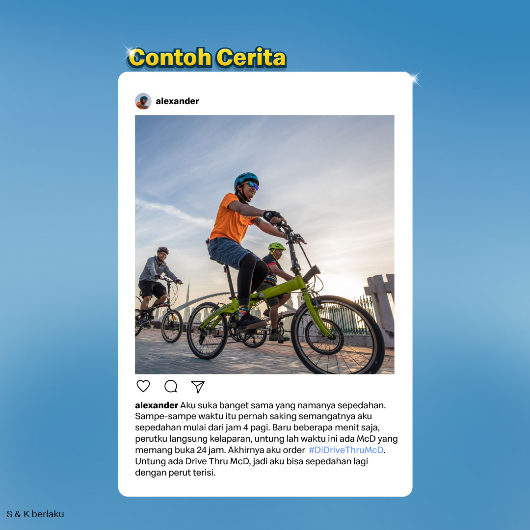 Momen manis selalu indah untuk dibagi, juga momen manis saat di Drive Thru McD.
Yuk bagikan ceritamu dengan reply atau posting gunakan tagar #DiDriveThruMcD

Dapetin hadiah McD Gift Card senilai Rp100.000 &amp; merchandise eksklusif bantal Drive Thru buat 30 cerita paling menarik.