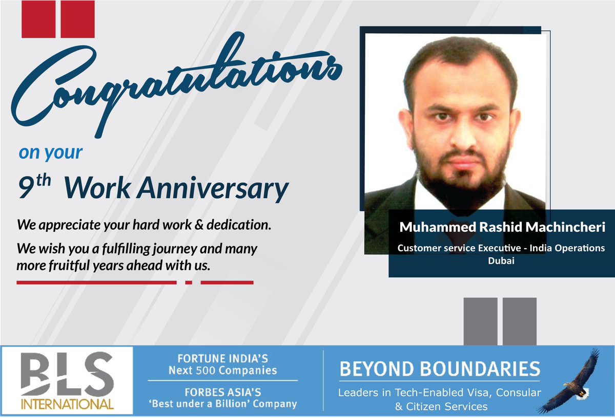 BLSintServices's tweet photo. Many congratulations to #MuhammedRashidMachincheri (Customer service Executive - India Operations) on your 9th #workanniversary at #BLSInternational. Thank you for your valuable contribution.
#employeemilestone #blsemployee #valuableresource #employeejourney https://t.co/zPdo8YH8qn