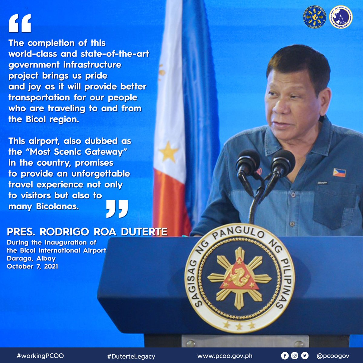 pcooglobalmedia's tweet photo. LOOK: President Rodrigo Duterte inaugurated the new Bicol International Airport. The new airport will provide better air transportation for all Bicolanos, as well as other travelers. 

#DuterteLegacy
#workingPCOO https://t.co/hTfxZjo6tE