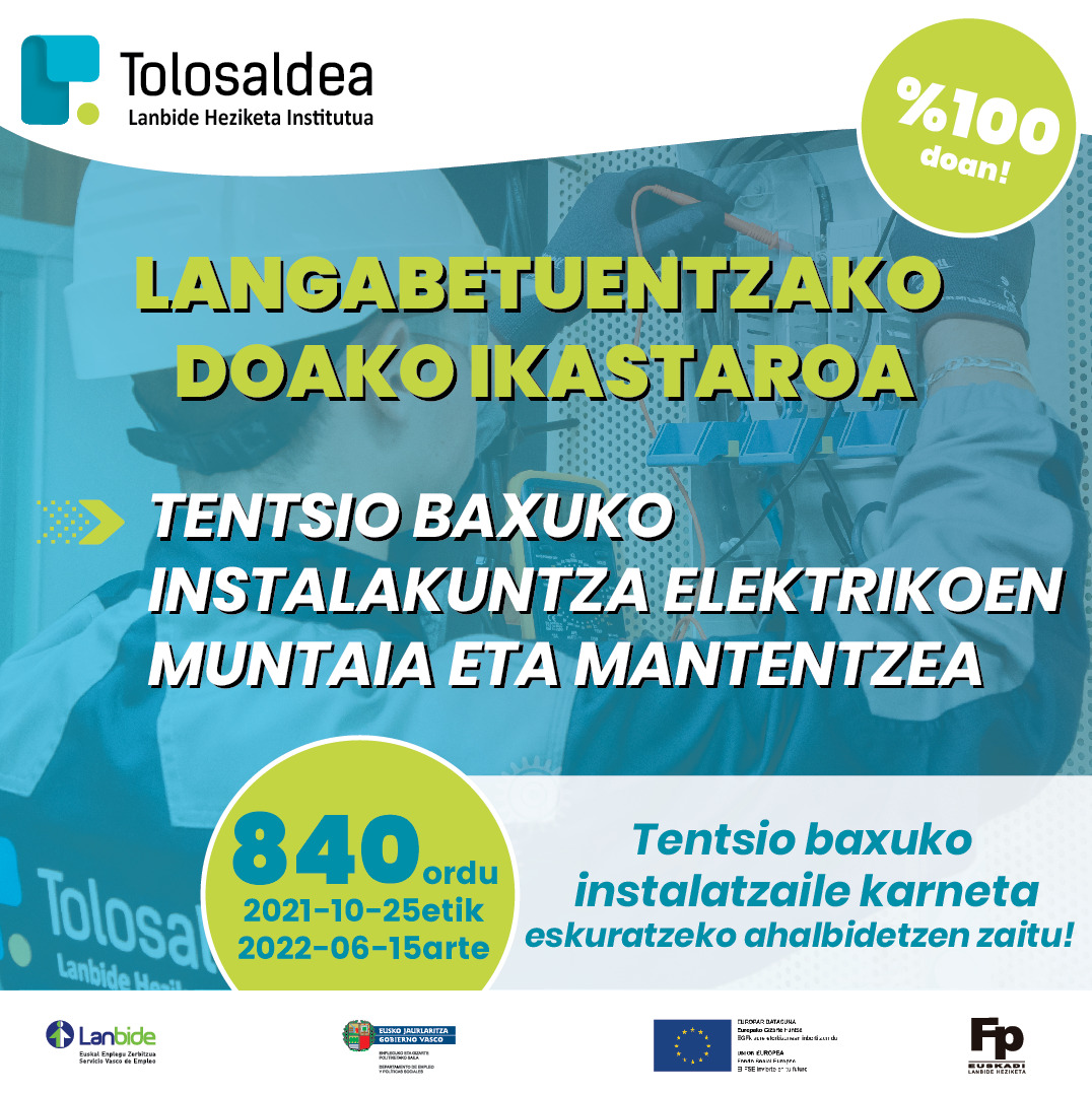 TolosaldeaLH's tweet photo. Langabetuentzako doako ikastaroa:

Tentsio baxuko instalakuntza elektrikoen muntaia eta mantentzea.

Anima zaitez! https://t.co/FhxHnflMTd