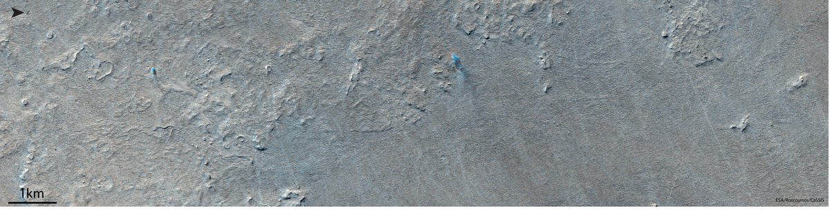 This image taken by CaSSIS on the 19th of May 2021, shows several active dust devils in the northern hemisphere of Mars. Dust devils appear as small vortexes and slightly bluer in this false colour composite image. Can you spot them?

 #unibern #ESA #TGO