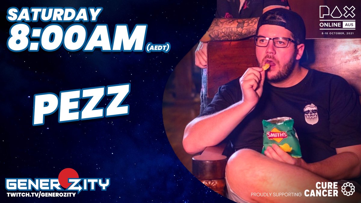At 8AM <a href="/Pez_Bro/">Pezz</a> dispenses the laughs on #GenerOZity X during <a href="/PAXAus/">PAX Australia</a> Online raising money for <a href="/CureCancerAu/">Cure Cancer</a> at Twitch.tv/GenerOZity

You can DONATE to their Team here:
donate.generozity.charity/?team=Pezz