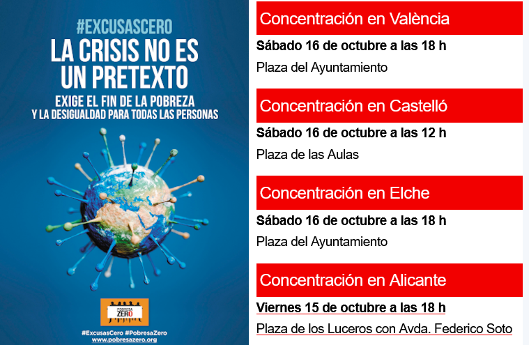 📆Apuntad en agenda‼️ 

Estas son las movilizaciones que convocamos desde <a href="/POBRESAZEROCV/">POBRESA ZERO</a> para denunciar cómo crece la desigualdad en todo el mundo y exigir medidas contundentes a todos los niveles contra la #pobreza.

Más info en: pobresazero.org
