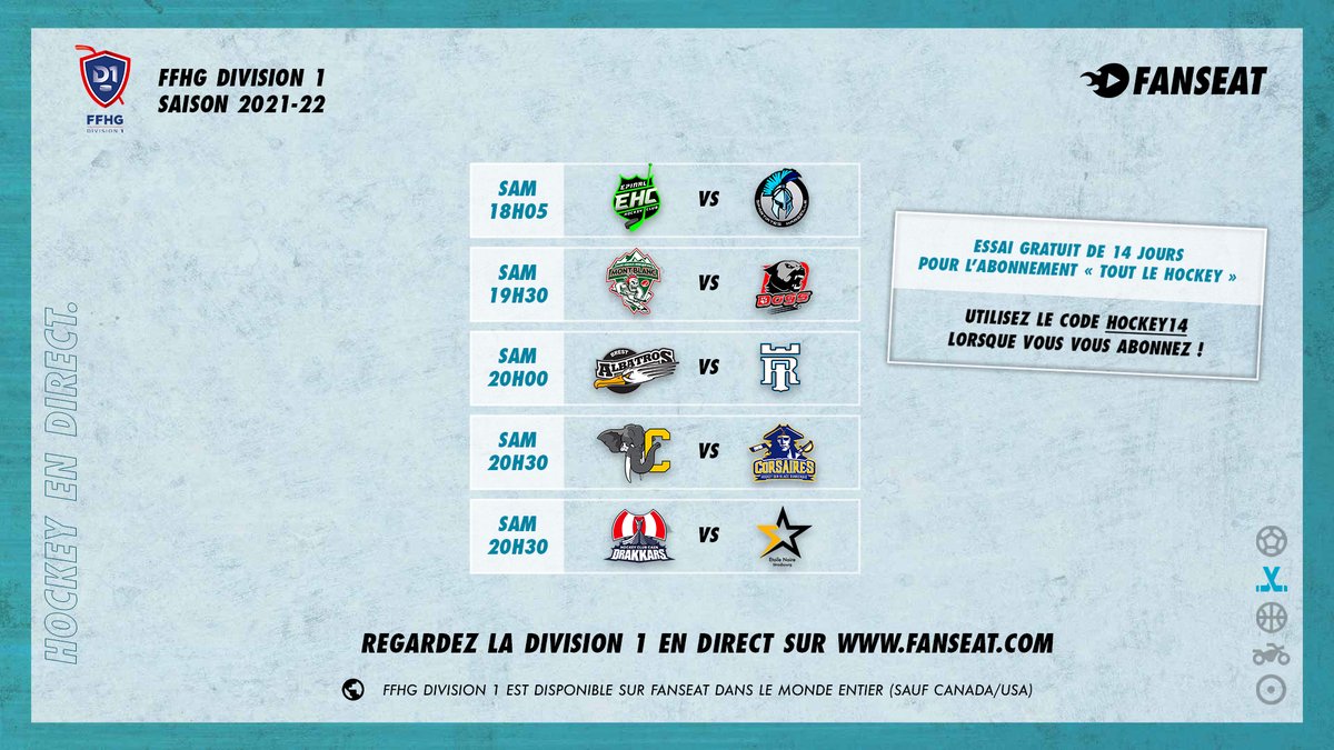🏒🇫🇷 The wait is over… Division 1 and Division 2 of French ice hockey are back tomorrow! 🤩

📺 Watch the games from anywhere in the world live on fanseat.com (except for 🇨🇦🇺🇸)

Promo: Use the code 𝗛𝗢𝗖𝗞𝗘𝗬𝟭𝟰 for a 2-week free trial on our all-Hockey package 🎁