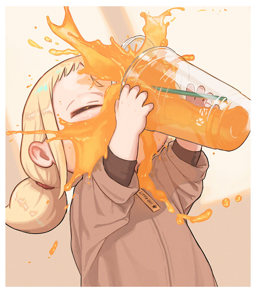 1girl female child child blonde hair drinking solo twintails  illustration images