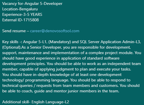 denovosoftsol's tweet photo. #denovojobs
Vacancy for-Angular 5-Developer
Location-Bengaluru
Experience-3-5 YEARS
External ID-1715808
Send resume β career@denovosoftsol.com
#angular6 #angular #programminglanguage #programming #seniordeveloper #webservice #webdeveloper #softwaredeveloper #sql #sqlserver https://t.co/rsNLydqB3T
