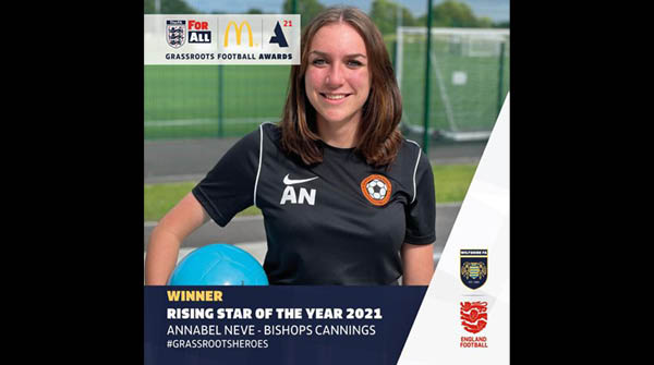 Many congratulations to Annabel on winning Rising Star of the Year 2021!  Not only is she a super coach, but she is also a real asset to the community and to Dauntsey's.  We look forward to watching this star continue to rise! #GrassRootsHeroes #WiltshireFA