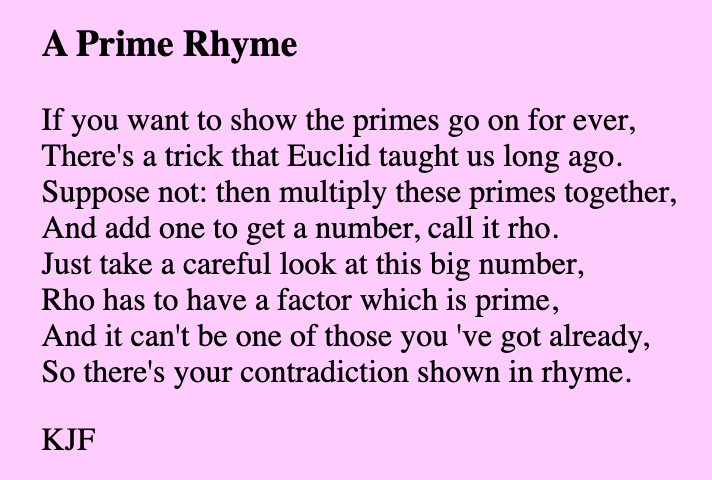 MathsJF's tweet photo. Should have posted this yesterday #NationalPoetryDay Found a great poem for the topic #proofbycontradiction by Regius Professor Falconer 'A Prime Rhyme' which will surely brighten up a lesson on proof https://t.co/oLZ8hDERP8 #mathschat #Alevel https://t.co/GFHucTAsra