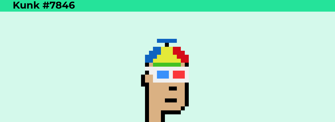 CryptoKunks's tweet photo. 3D glasses have a cool retro look. Only 2.86% of CryptoKunks are wearing them, so if you have one you're pretty lucky.

For maximum color effect they go well with the beanie hat! https://t.co/cCT1Oke9CH