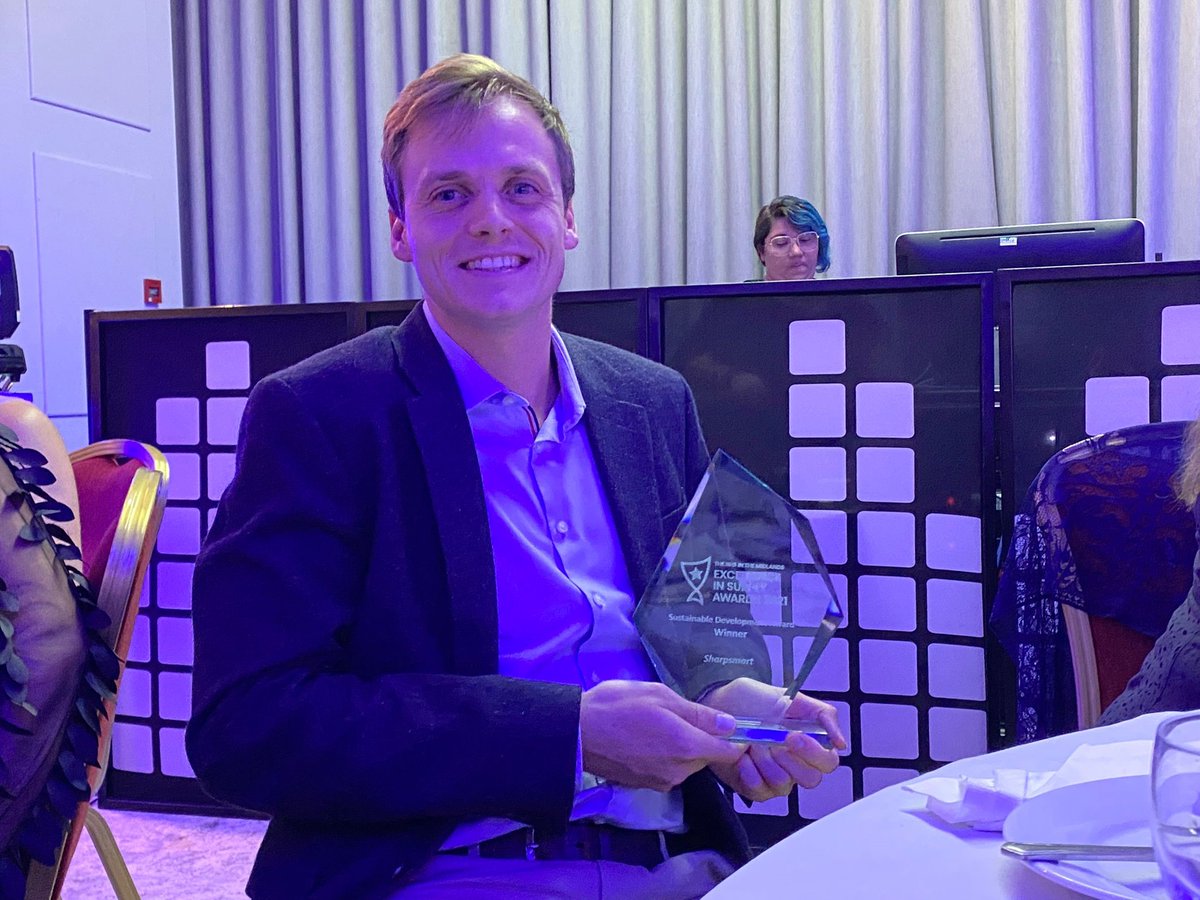 SharpsmartUK's tweet photo. A fantastic night at the @EISMidlands awards. Congratulations to all the winners &amp; nominees!

We're extremely proud to have been awarded the Sustainable Development Award 🌎, celebrating our work with #nhs partners! 🏆

#Sustainability #EISMidlands21 #NetZero https://t.co/ajPoSUFT1t