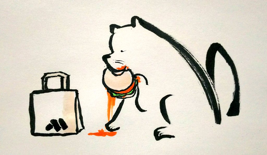 「モスバーガー食べるの下手な犬 」|実寸法師（十筆斎）のイラスト