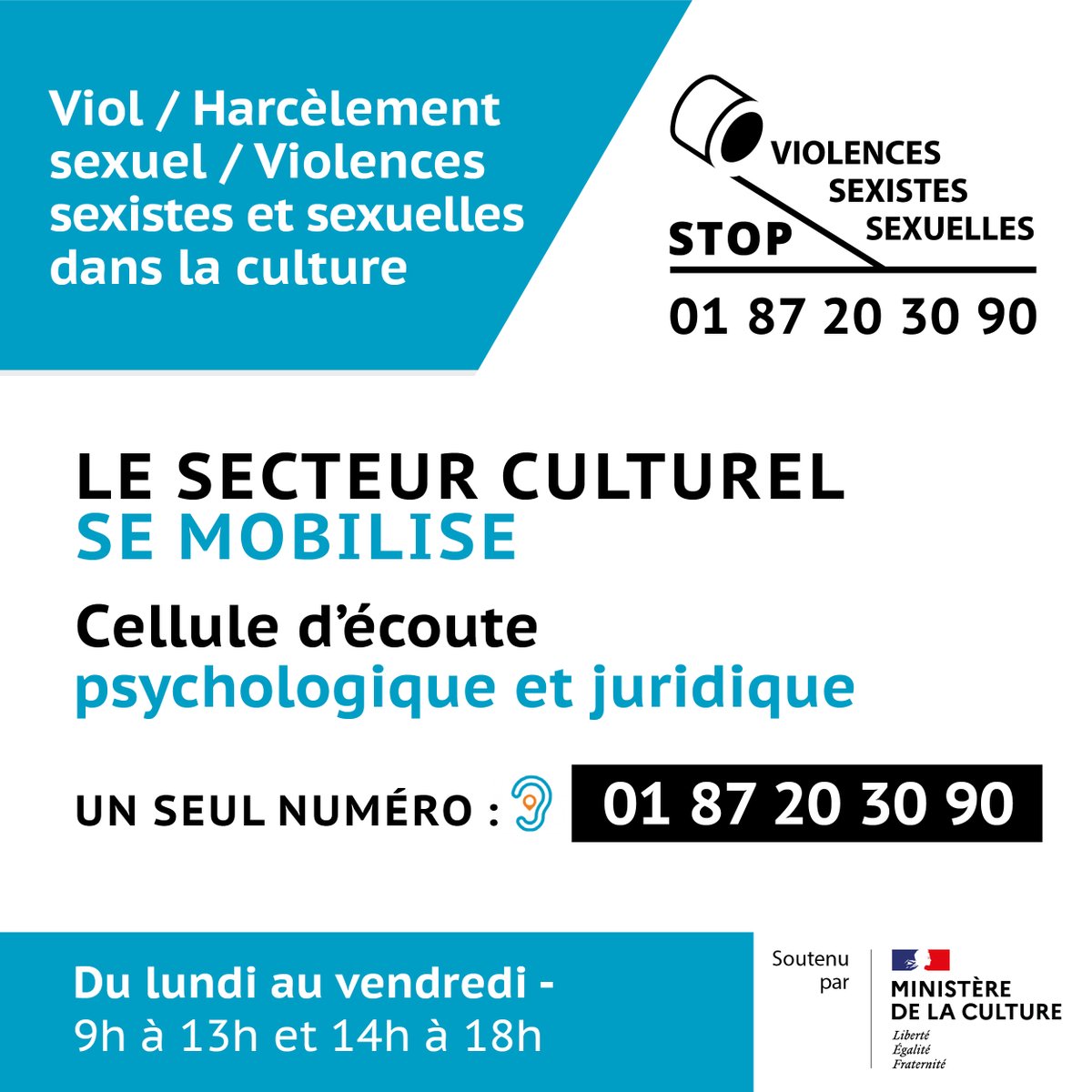 GroupeAudiens's tweet image. Vous êtes victime ou témoin de violences sexistes et/ou sexuelles sur votre lieu de travail ?
Contactez la cellule d’écoute, d&apos;alerte et de soutien psychologique au 0187203090.
#MeTooTheatre #MeToo #ViolencesSexistes #ViolencesSexuelles  #SafeWorkplace
👉 violences-sexuelles-culture.org/fr/