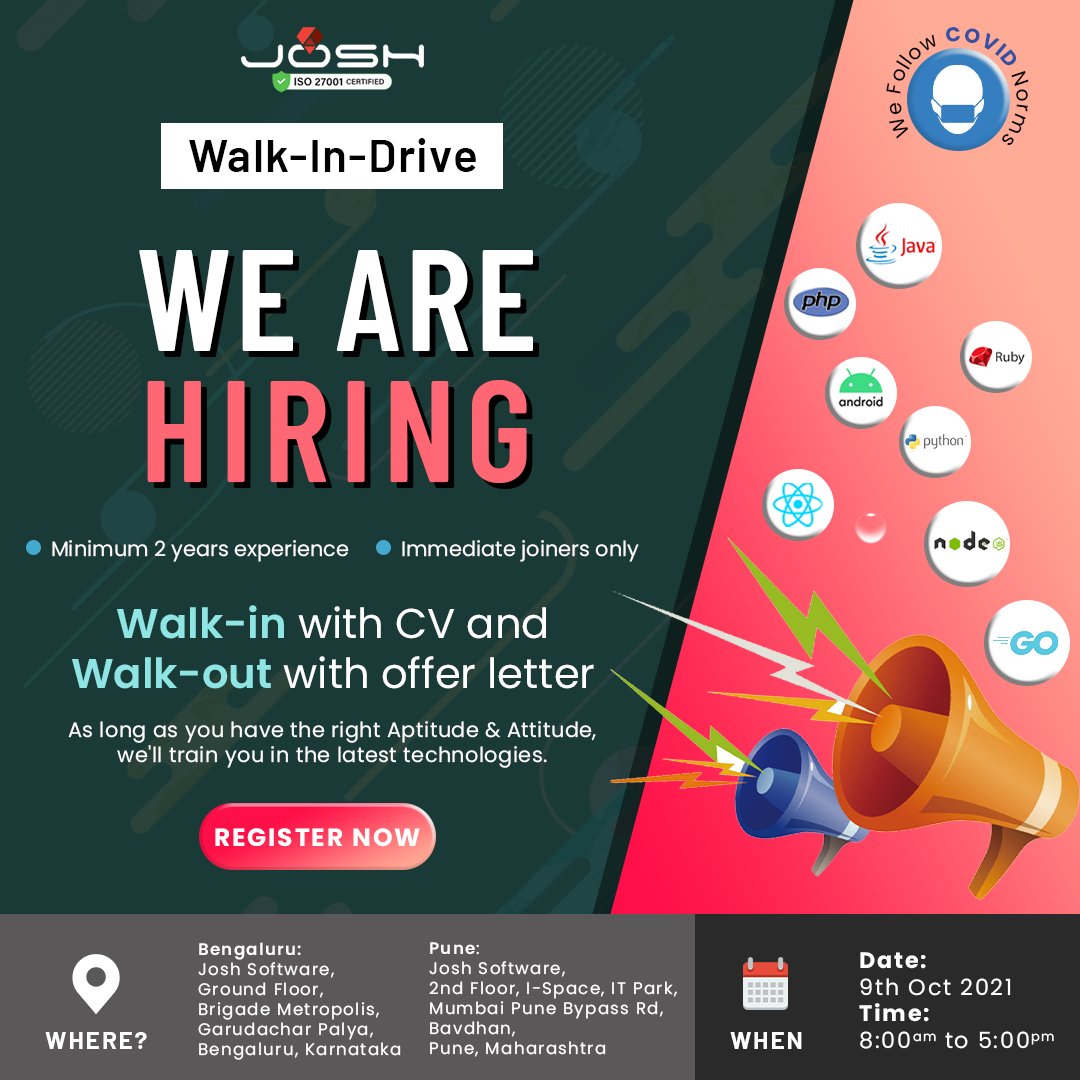 #WeAreHiring

📍 Ensure registration to get the interview Slot.

Requirements:
Min 2 years experience.
Immediate joiners.

Venue: Pune &amp; Bangalore.
Date: 9th Oct 2021
Time: 8am to 5pm

Apply Here: hubs.la/H0Z1mHl0