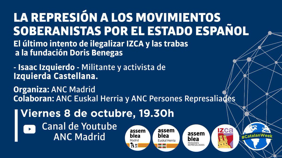 assemblea's tweet image. ⬛️⬜️🌍 En el marc de la #CatalanWeek:

📍 Avui, divendres, a les 19.30 h, @AncMadrid amb @isaacizquierdo2 sobre l'intent d'il·legalització d'@IzcaNacional per part de l'Estat.

📍 Dissabte, a les 19 h, @ANCMexic amb @mgabriela_serra i @GonzlezRobert sobre el @DbatConstituent.
