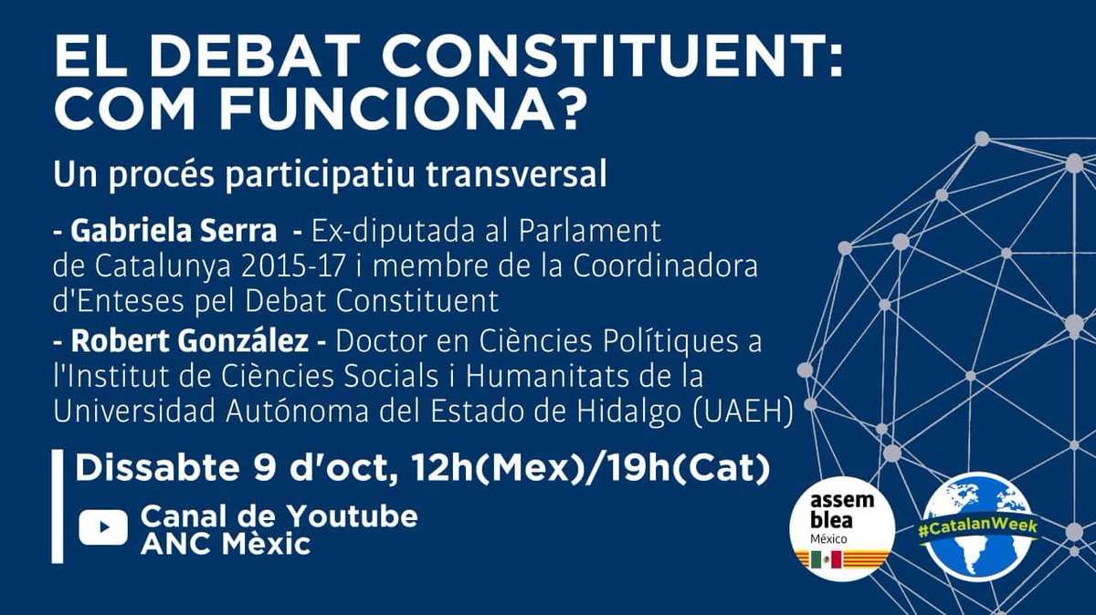 assemblea's tweet image. ⬛️⬜️🌍 En el marc de la #CatalanWeek:

📍 Avui, divendres, a les 19.30 h, @AncMadrid amb @isaacizquierdo2 sobre l'intent d'il·legalització d'@IzcaNacional per part de l'Estat.

📍 Dissabte, a les 19 h, @ANCMexic amb @mgabriela_serra i @GonzlezRobert sobre el @DbatConstituent.