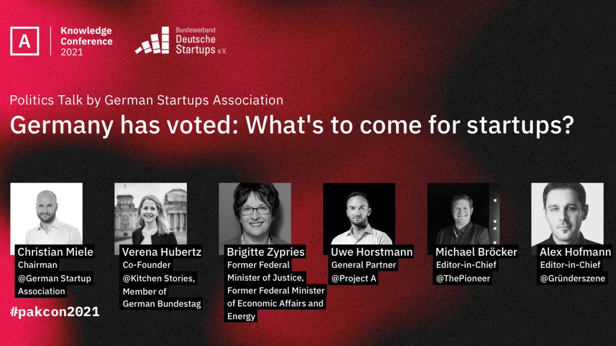 Deutschland hat gewählt – was bedeutet das für #Startups? Wo muss die Politik mehr leisten, Stichwort #ESOP? Ich diskutiere mit <a href="/verenahubertz/">Verena Hubertz</a>, <a href="/brigittezypries/">brigitte zypries</a>, <a href="/miele/">Miele</a>, <a href="/MichaelBroecker/">Michael Bröcker 💎</a> und <a href="/uwehorstmann/">Uwe Horstmann</a> heute um 16 Uhr #pakcon2021 knowledge-conference.project-a.com/talks
