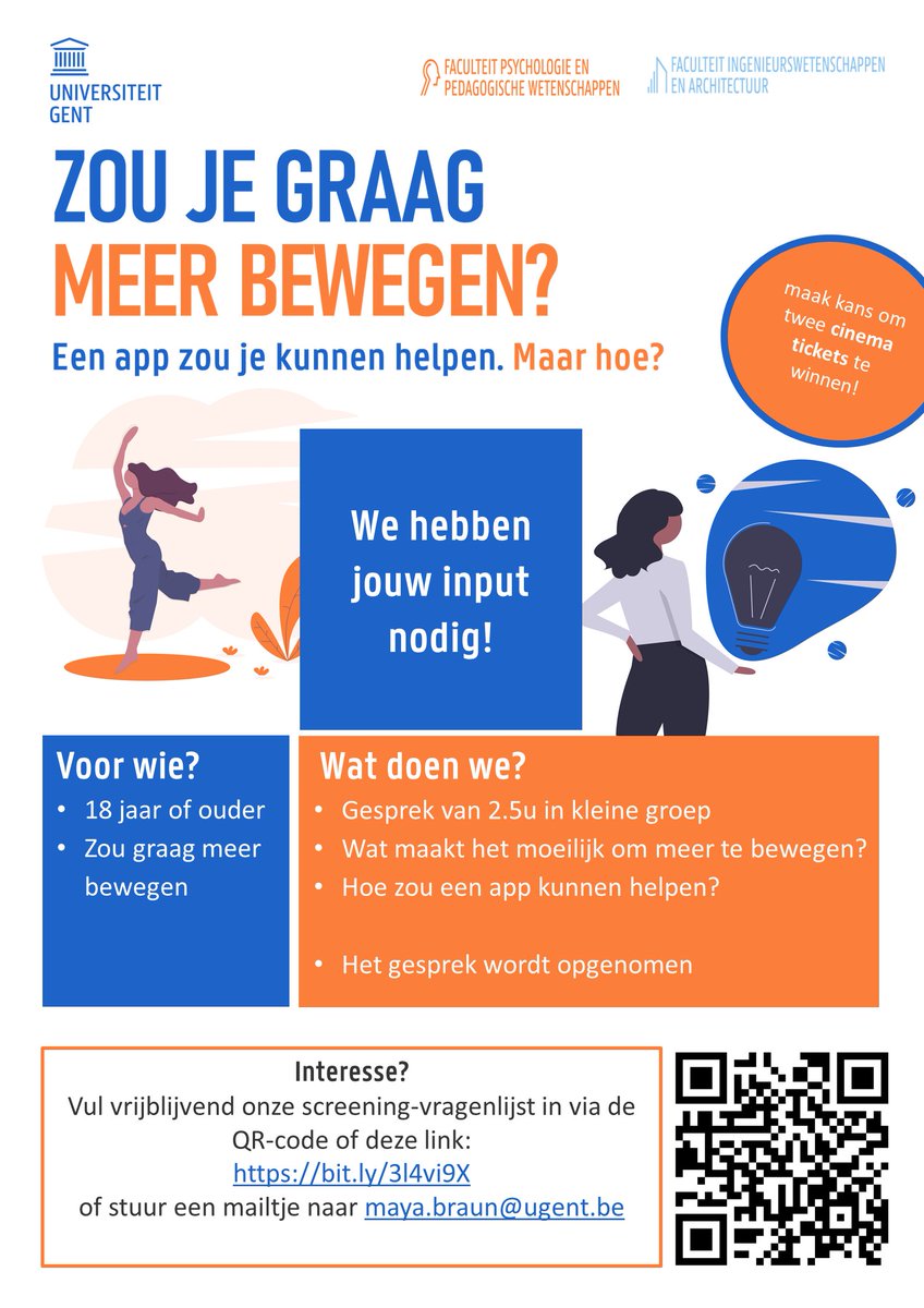 Wil je eigenlijk graag meer bewegen, maar vindt het moeilijk om dit effectief te doen? Wij hebben jouw hulp nodig om je erbij te helpen. Neem deel aan ons groepsgesprek rond: Hoe kan een app jou helpen om meer te bewegen.

Schrijf je hier vrijblijvend in:
bit.ly/3l4vi9X