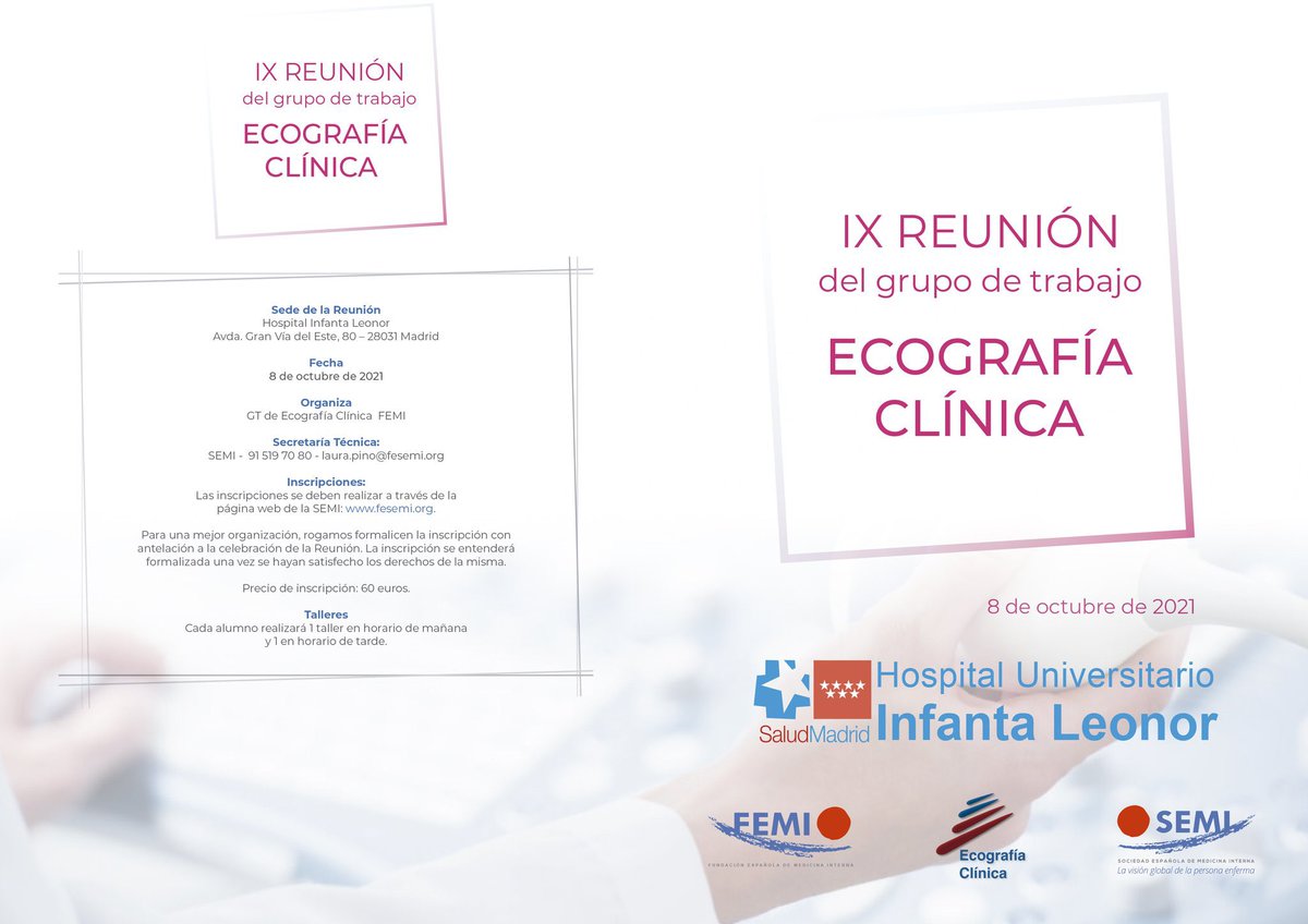 Sociedad_SEMI's tweet photo. 📢🔴Hoy viernes, a las 10:00 horas, arranca la IX Reunión del GT de #Ecografía Clínica de @GTECOSEMI‼️
📍Madrid. Hosp. Univ. Infanta Leonor
👥Presencial con 4⃣ talleres prácticos
 ℹ️ Programa e info. https://t.co/uCtoi18VY3 #SEMITuit
#POCUS @yaletung @jtorresmacho @beltrn_m https://t.co/60YddYCFxw