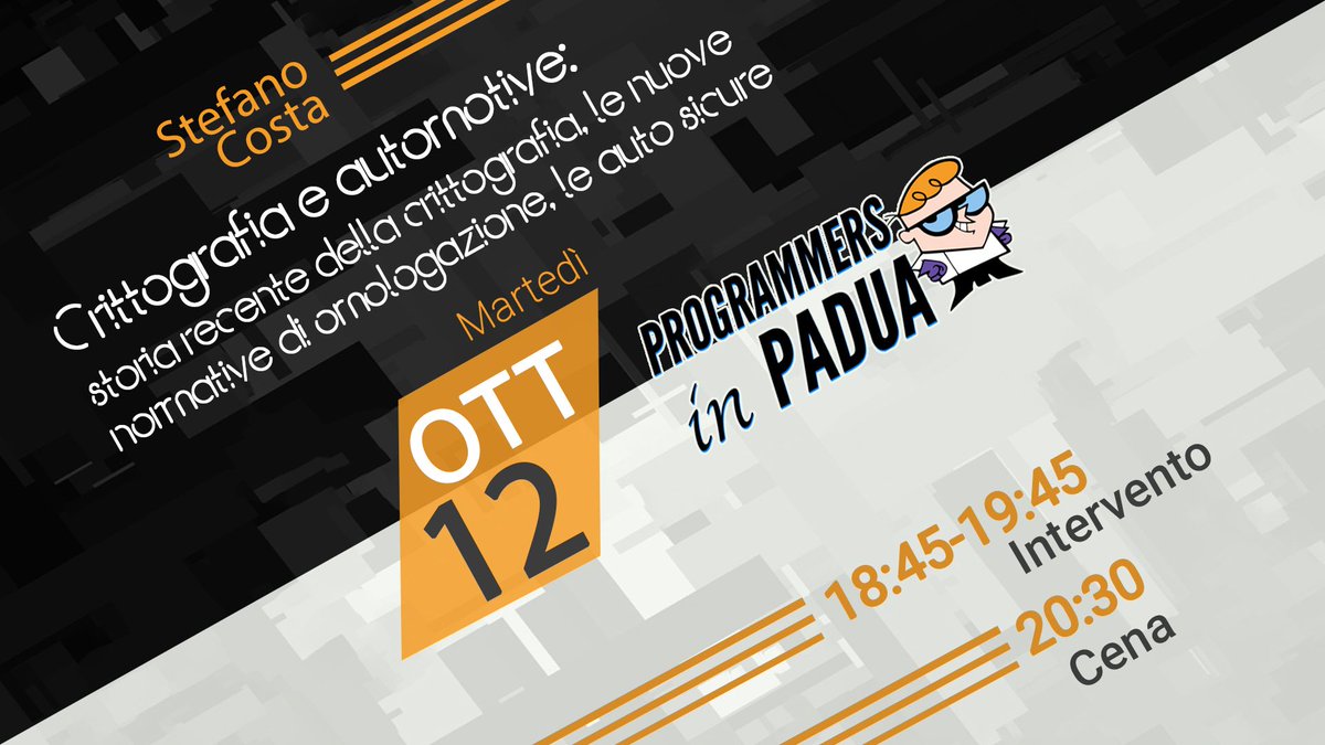 Programmers in Padua (@programmersinpd) on Twitter photo Eccoci al primo evento dopo le vacanze estive! Ti siamo mancati?
In occasione del #ECSM <a href="/CyberSecMonth/">Cyber Security Month</a> proponiamo anche noi un talk in salsa security.
E se ti dicessimo auto e sicurezza?
Tutte le info le trovi nell'evento qui sotto! buff.ly/2Yy4ne0 Eccoci al primo evento dopo le vacanze estive! Ti siamo mancati?
In occasione del #ECSM <a href="/CyberSecMonth/">Cyber Security Month</a> proponiamo anche noi un talk in salsa security.
E se ti dicessimo auto e sicurezza?
Tutte le info le trovi nell'evento qui sotto! buff.ly/2Yy4ne0