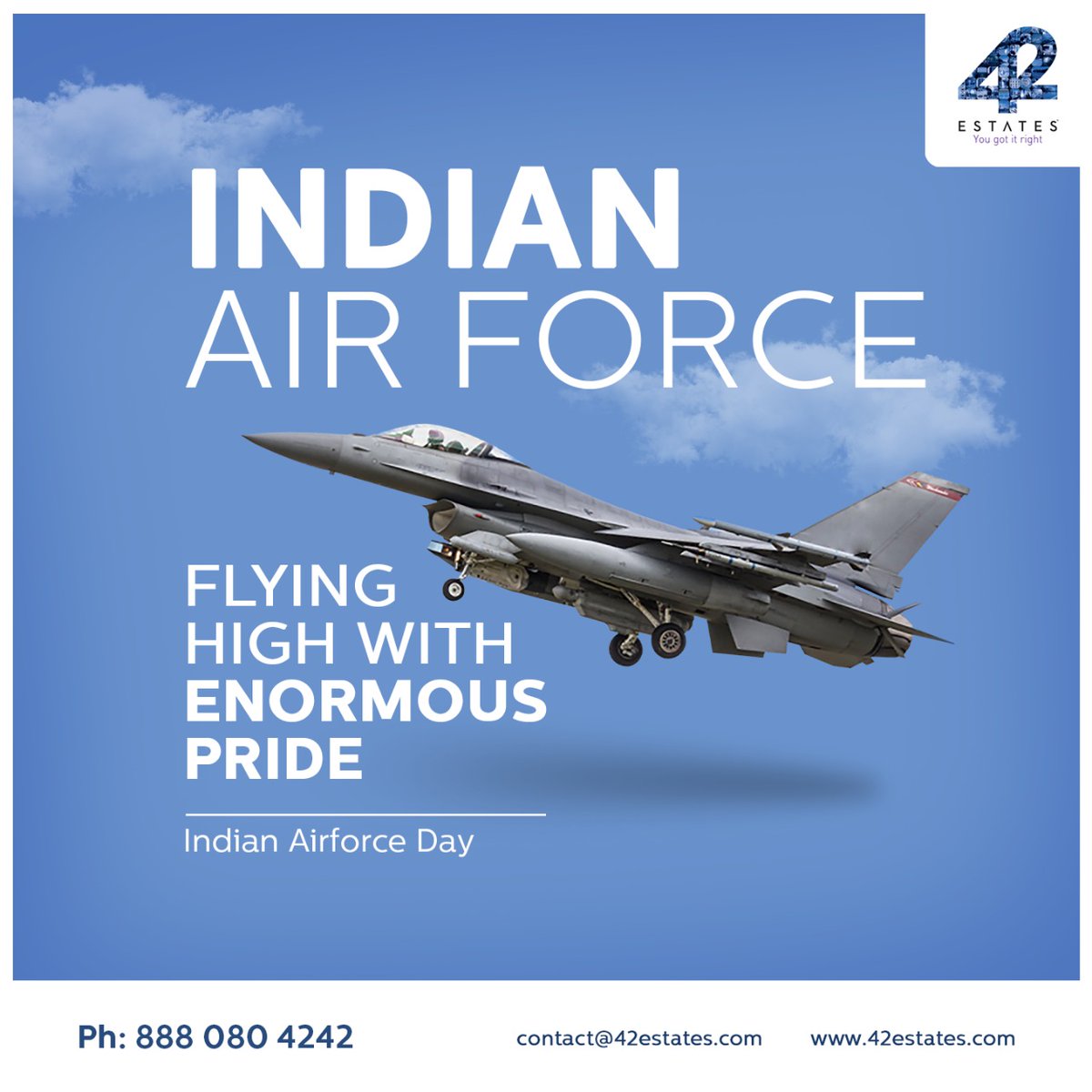 42Estates's tweet photo. The unsung heroes of our glorious nation who valiantly safeguard the skies deserve immense respect and gratitude. Together, they constitute an integral part of the Indian Armed Forces. 42 Estates observes Indian Air Force Day.
#AirForceDay #IndianAirForce #airforce #army https://t.co/iMB3aG4GhE