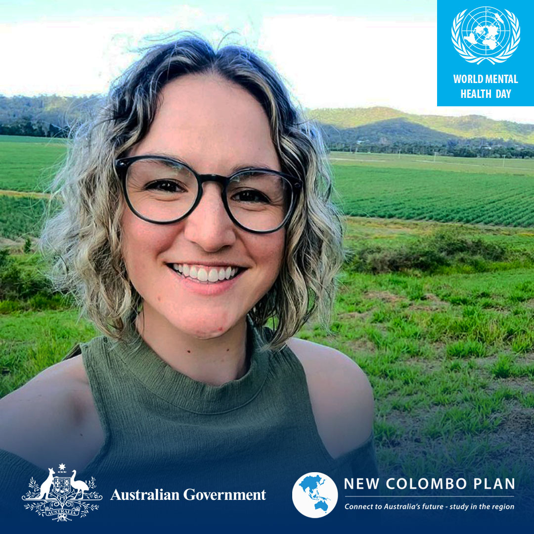 NewColomboPlan's tweet photo. 2021 #NewColomboPlan Scholar, Georgina Birch, wants to use her NCP experience to make #MentalHealthCareForALL a reality. 

Read about Georgina’s NCP program and how you can take care of yourself and others this #WorldMentalHealthDay: https://t.co/paRj8h1CnO https://t.co/8PHIymgwCS