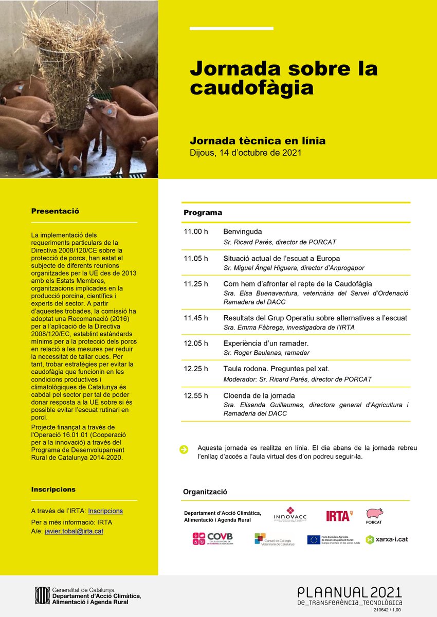 ruralcat's tweet photo. 📌🐖Jornada sobre la caudofàgia. #PATT2021

📅14/10/21
⌚️11h
https://t.co/ja5yND8MEb @PORCAT1 @irtacat @COVBcn https://t.co/B0iaBuz30S