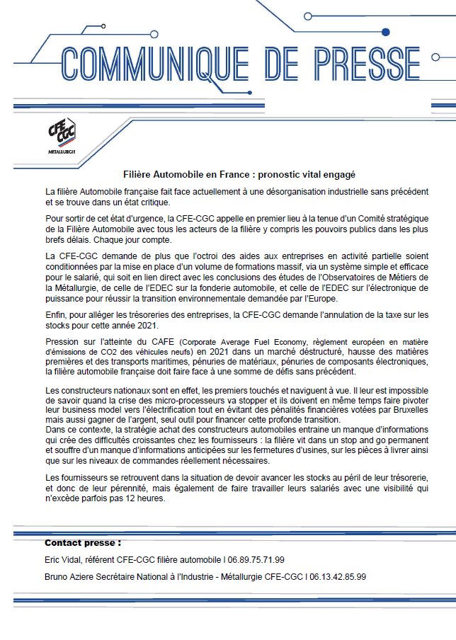 Metalcfecgc's tweet photo. [Communiqué de presse] 📣📣📣

 ⚠️ Filière Automobile en France : pronostic vital engagé ⚠️

A lire ici 👉 https://t.co/3OcYE6O3UF

@gabfd @Eric1Vidal @bobenone #Industrie #FiliereAutomobile #automobile https://t.co/CBJqhweSii