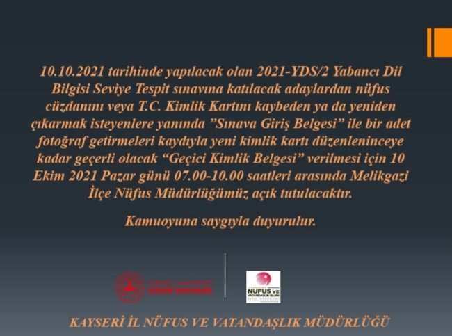 Sınava girecek adaylarımıza başarılar dileriz. 
<a href="/TCNufus/">Nüfus ve Vatandaşlık İşleri Genel Müdürlüğü</a>
<a href="/kayserivaliligi/">T.C.Kayseri Valiliği</a>
<a href="/SehmusGunaydin/">Şehmus Günaydın</a>
<a href="/sefikaygol/">Şefik AYGÖL</a> 
<a href="/Bekirsenturk03/">Bekir Şentürk</a>
<a href="/MelikgaziNufus/">T.C. Melikgazi Nüfus Müdürlüğü</a>
#HayatınızınHerAnında
#İyikiNüfusçuyuz